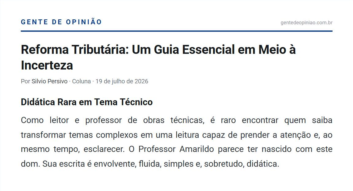 Trecho da matéria publicada no Gente de Opinião sobre o livro Reforma Tributária do Consumo